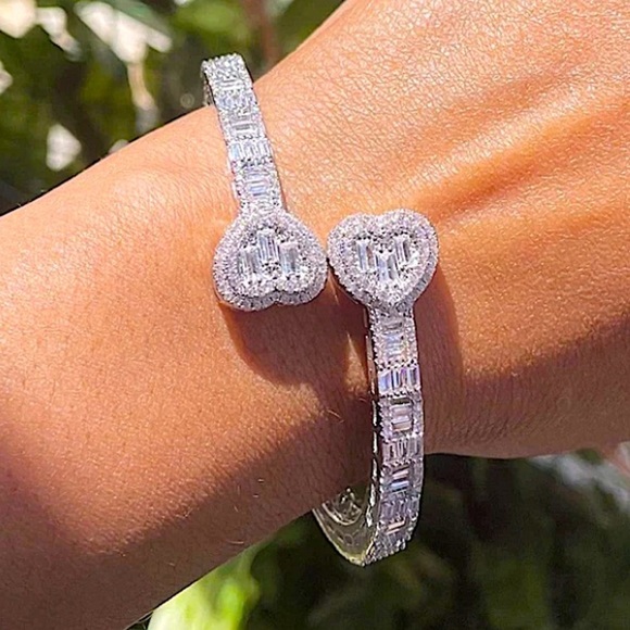 Open Heart Silver Baguette Iced Out Cubic Zircon Diamond Bangle Cuff Bracelet - Picture 5 of 13